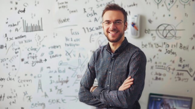 A confident man standing in front of a whiteboard covered in complex equations, holding a marker and smiling, showcasing his expertise in his field 