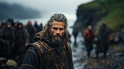 Fototapeta premium A rugged Viking warrior stands resolute in the rain, with intense gaze and traditional attire