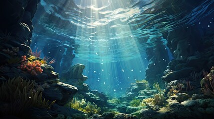 An underwater landscape filled with vibrant coral reefs, sea life, and light beams piercing through the water