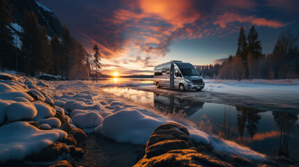 A motorhome is parked by a frozen river with snowy banks under a breathtaking sunset, creating a serene winter landscape