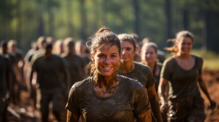 A smiling, mud-covered woman conquers a challenging outdoor obstacle race with teammates
