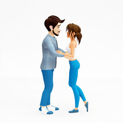 Cartoon young couple in love hugging. Offline dating and folling love concept. 3d render