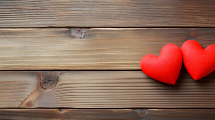 Fototapeta premium two red wooden hearts on a old wooden background, copy space. AI generated