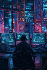 Obraz premium A lone hacker in a dimly lit room, surrounded by multiple screens displaying complex codes and data, immersed in a high-stakes digital operation 