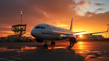 Obraz premium Commercial airplane on the tarmac during a stunning sunset, emphasizing travel, aviation, and the beauty of flight in a tranquil evening setting