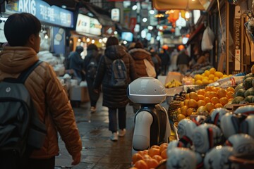 Naklejka premium A robotic companion walking alongside a human in a bustling market, showcasing the integration of AI in everyday life 