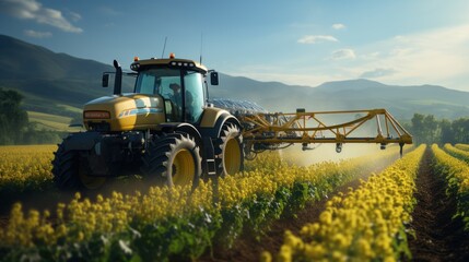 Fototapeta premium A yellow and grey tractor actively sprays crops in a field with blue skies and hillside in the background