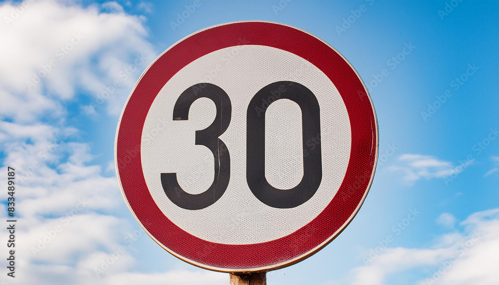 Wall mural Traffic sign 30 km/h, speed limit for speeding vehicles with blue sky and clouds on background.