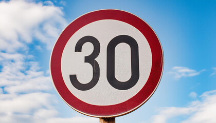 Traffic sign 30 km/h, speed limit for speeding vehicles with blue sky and clouds on background.