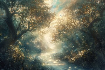 Fototapeta premium A serene heavenly landscape with a flowing river of light, surrounded by luminous trees and angelic beings 