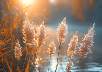 Naklejka premium A close-up of a nature riverbank with reeds and flowers, the details