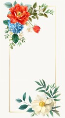 Obraz premium Floral frame design with vibrant red, blue, and white flowers and green leaves on a light background. Perfect for invitations or greeting cards.