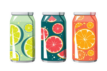 Set of carbonated drinks in aluminum cans. Soda with various fruit flavors, grapefruit, orange, lime. Summer refreshing lemonades, juices, cocktails. Vector illustration.