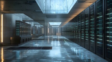 Futuristic server room with supercomputers