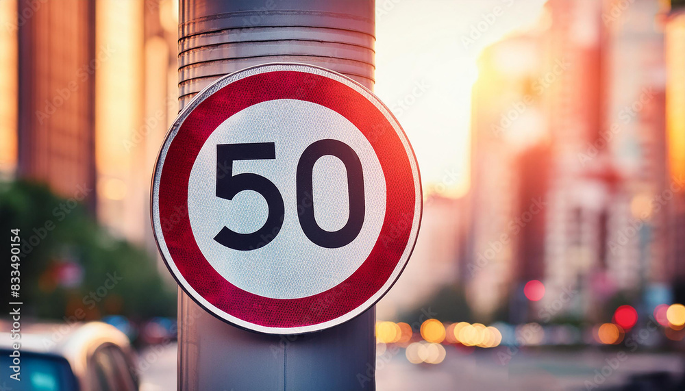 Wall mural Traffic sign 50 km/h, speed limit for speeding vehicles. Blurred city street on background. Close-up