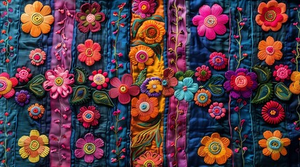 Colorful floral embroidery on blue textile background, colorful culture handmade