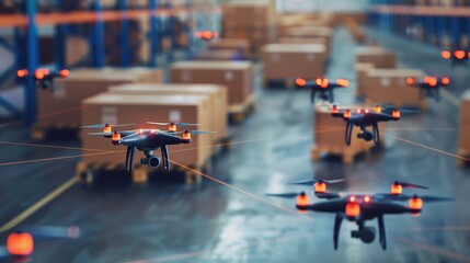 Drones flying in warehouse to deliver packages, speed e-commerce cost-effectiveness technology