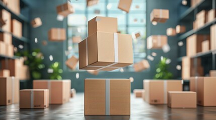 Boxes suspended in mid-air in room with reflective floor large windows at end room, brown delivery box shadow