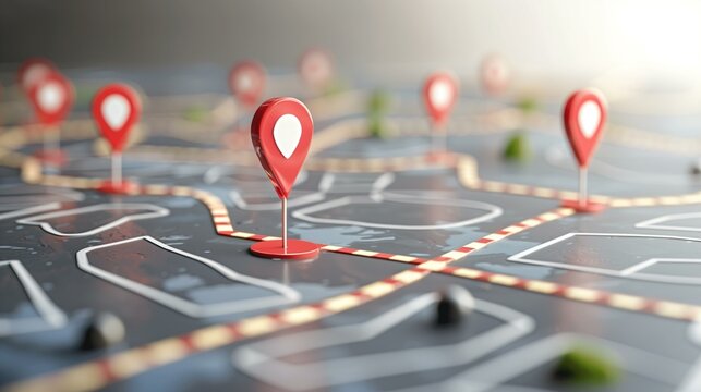 Conceptual idea delivery route optimization for efficient faster delivery shipment by red pin on map with delivery truck icon, speed navigation location idea