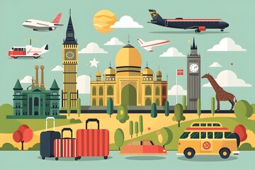 Vibrant Flat Design Travel Scene with Iconic Landmarks  Luggage  and Diverse Transportation