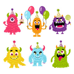 Set of different cute monsters in flat style. Birthday, holiday, congratulation. Baby cartoon character. Decor for a kids party.