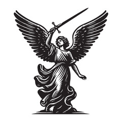 Guardian angel. Defender with a sword. Holy protection.
Vintage engraving black vector illustration, isolated object, sketch, emblem, logo