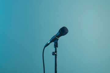 a photo of an empty black mic stand with the top screen open, against a light blue background,