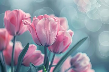 A group of pink tulips arranged in a clear vase, showcasing their vibrant color and delicate petals