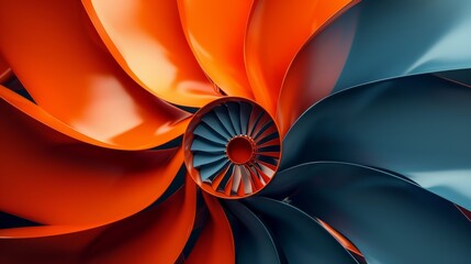 Fototapeta premium Abstract orange and blue fan blades arranged in a circular pattern.