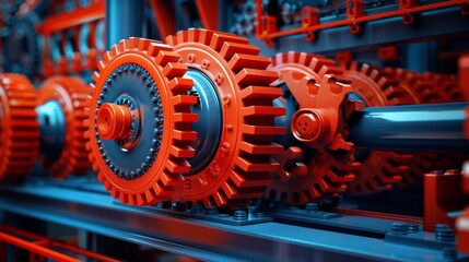 Close-up of Interlocking Red Gears in a Blue Machine