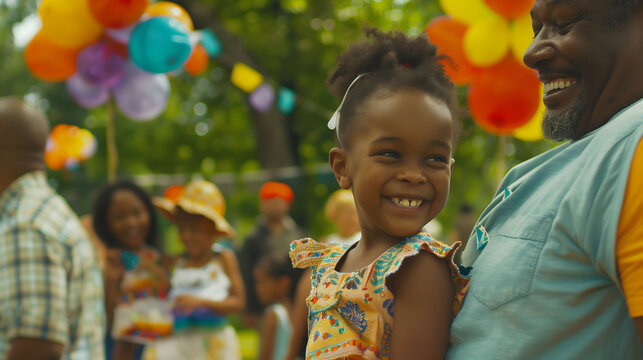 A joyful Juneteenth celebration with families gathered in a park, colorful decorations, and smiling faces, captured in HD
