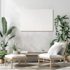 Scandinavian Style Living Room with Blank Landscape Canvas Mockup and Tropical Plants