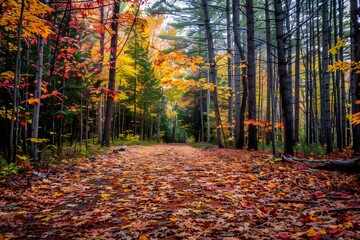 Serene Autumn Forest Path with Colorful Fallen Leaves on Ground