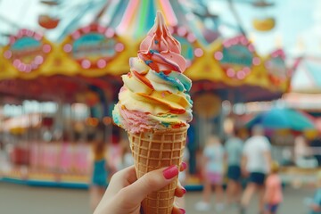 A whimsical ice cream cone with layers of bright, multicolored scoops, held up in front of a carnival