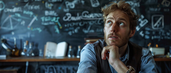 Man staring blankly at a complex math problem