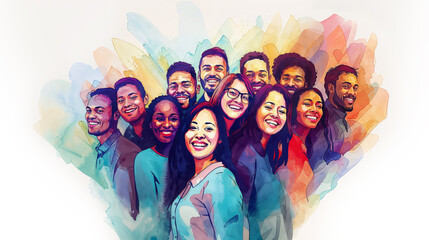United group of multicultural people smiling together, mixed ethnicity, diversity colorful watercolor illustration