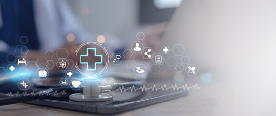 medical technology concept Doctor using laptop with health icons on virtual interface Connecting to...