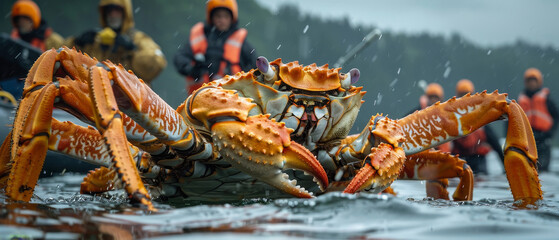 Giant king crab being released back into the ocean by researchers