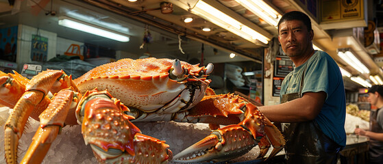 Giant king crab being weighed at a seafood market