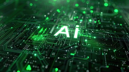 Fototapeta premium Green AI text with digital and futuristic elements glowing in the dark, artificial intelligence banner technology, data science and innovation web internet cyber space.