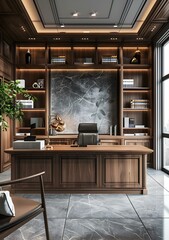Luxury office interior with wooden bookshelf and marble floor