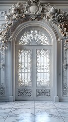 A white door with flowers and carvings in a Baroque style