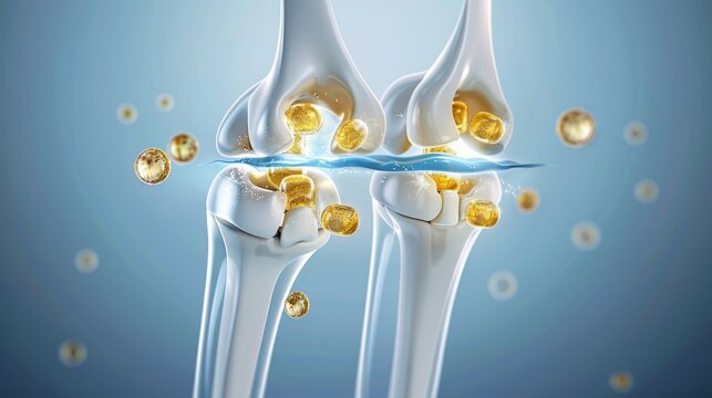 Human knee joint with hyaluronic acid, synovial fluid, and cartilage for medical illustration or anatomy study