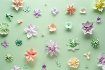 Colorful origami flowers circle on light green background creating a vibrant floral display