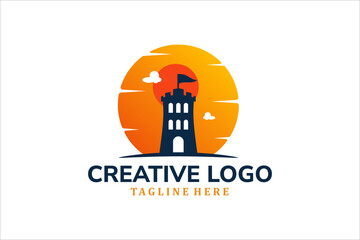 Modern Flat Unique castle logo vintage with sunset background logo template illustration design