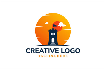 Modern Flat Unique castle logo vintage with sunset background logo template illustration design