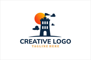 Modern Flat Unique castle logo vintage with sunset logo template illustration design