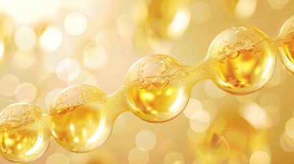 A close-up of shiny, golden liquid orbs connected together with a delicate film, creating a beautiful abstract design against a bokeh background.