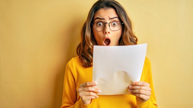 Die Studentin auf dem gelben Studiohintergrund ist entsetzt &uuml;ber den Brief, den sie gerade liest, das wei&szlig;e Papier in der Hand, das Berufsfoto