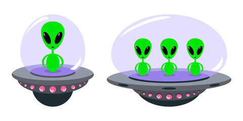 Cute cartoon alien character on a spaceship. Funny flat illustration of an alien. UFO spaceship. Vector isolated on white background.